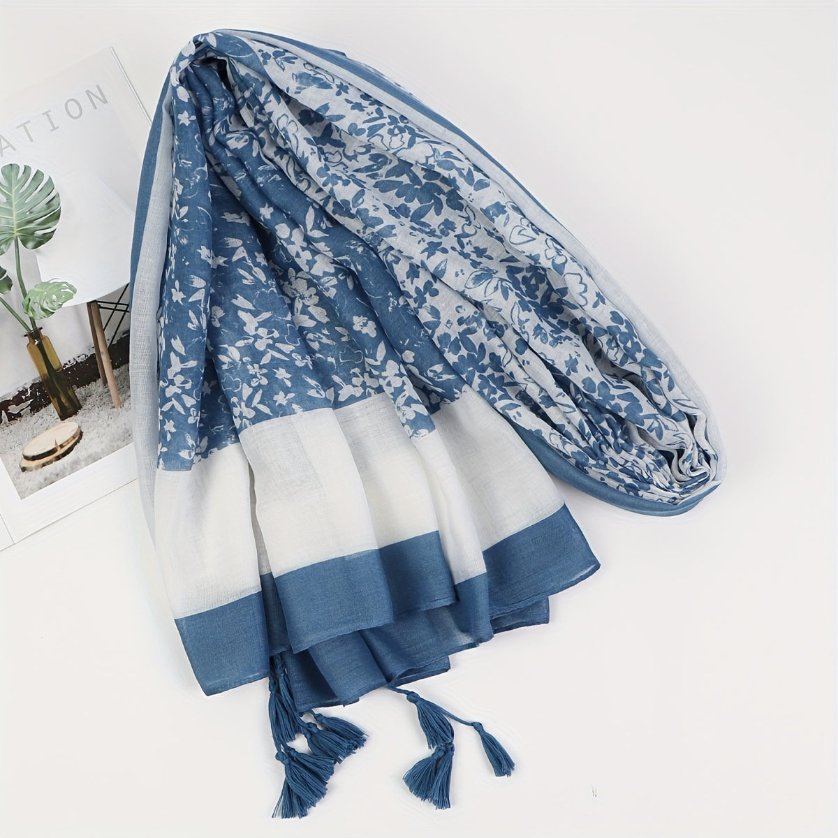 Leaf Print Tassel Scarf Classic Block Shawl Windproof Warm Head Wrap