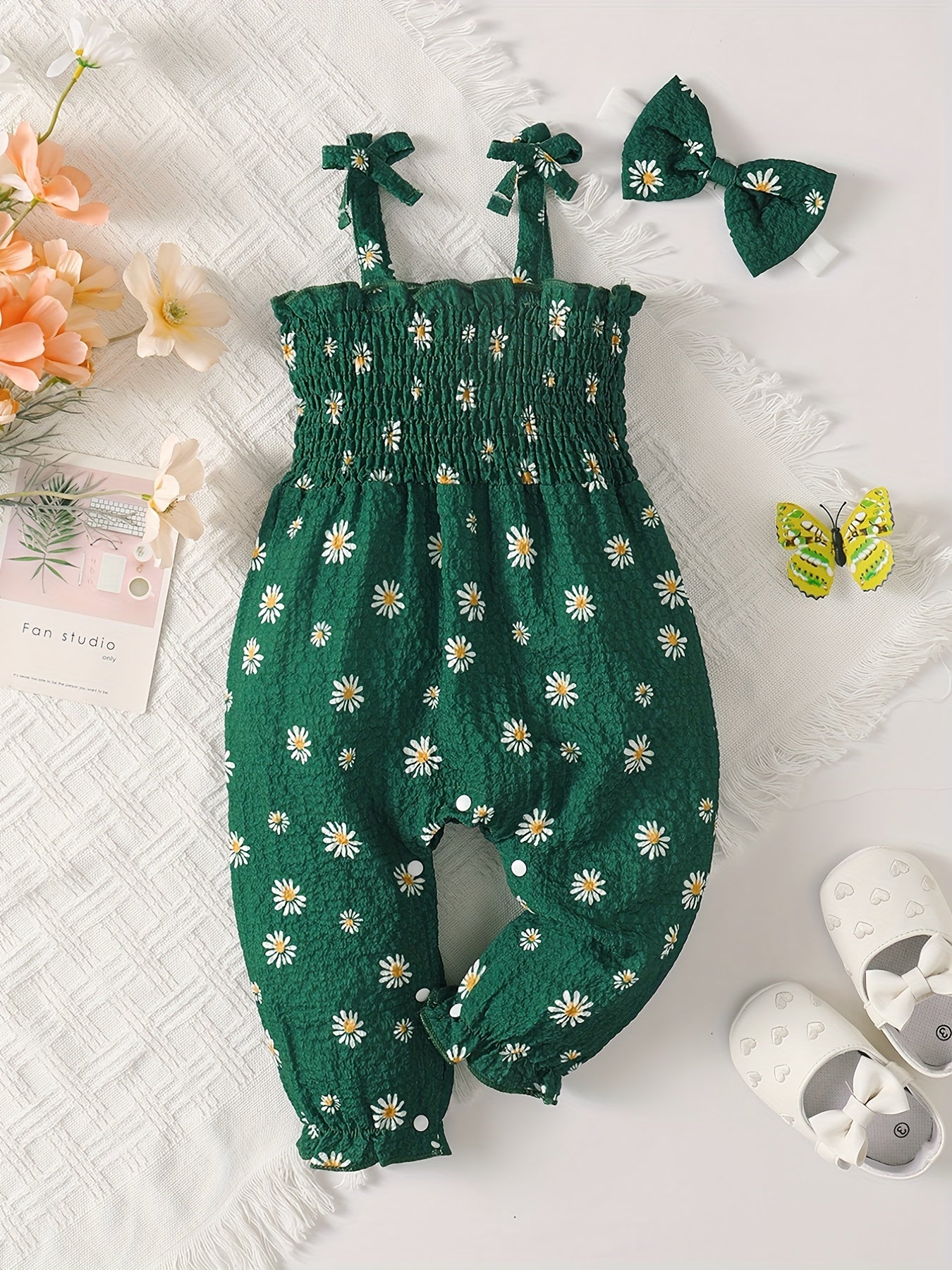 Baby Girls Off Shoulder Sleeveless Bib Pants Jumpsuit Headband Floral Printed