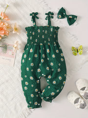 Baby Girls Off Shoulder Sleeveless Bib Pants Jumpsuit Headband Floral Printed