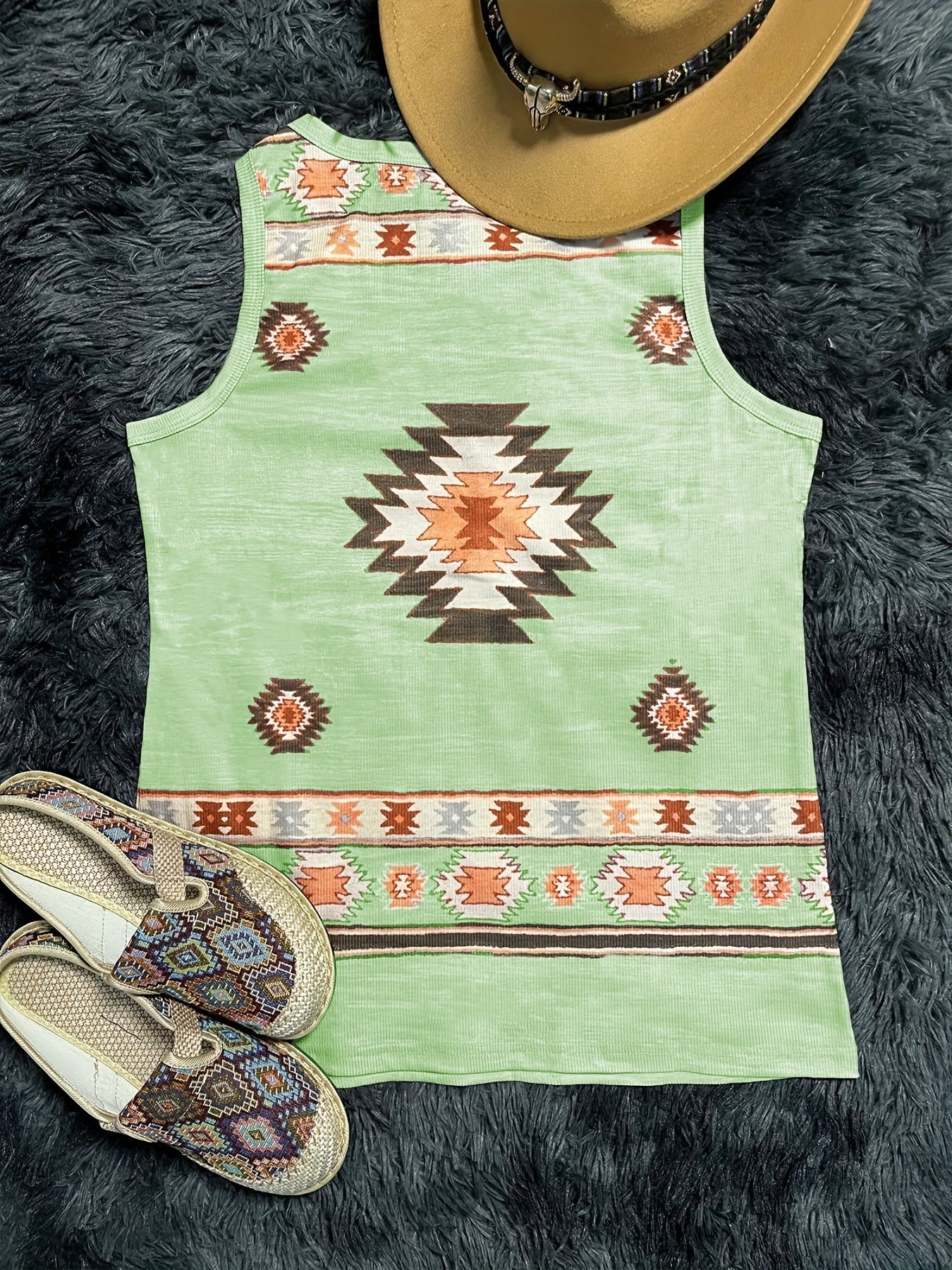 Geo Pattern Ribbed Tank Top V Neck Casual Sleeveless Top