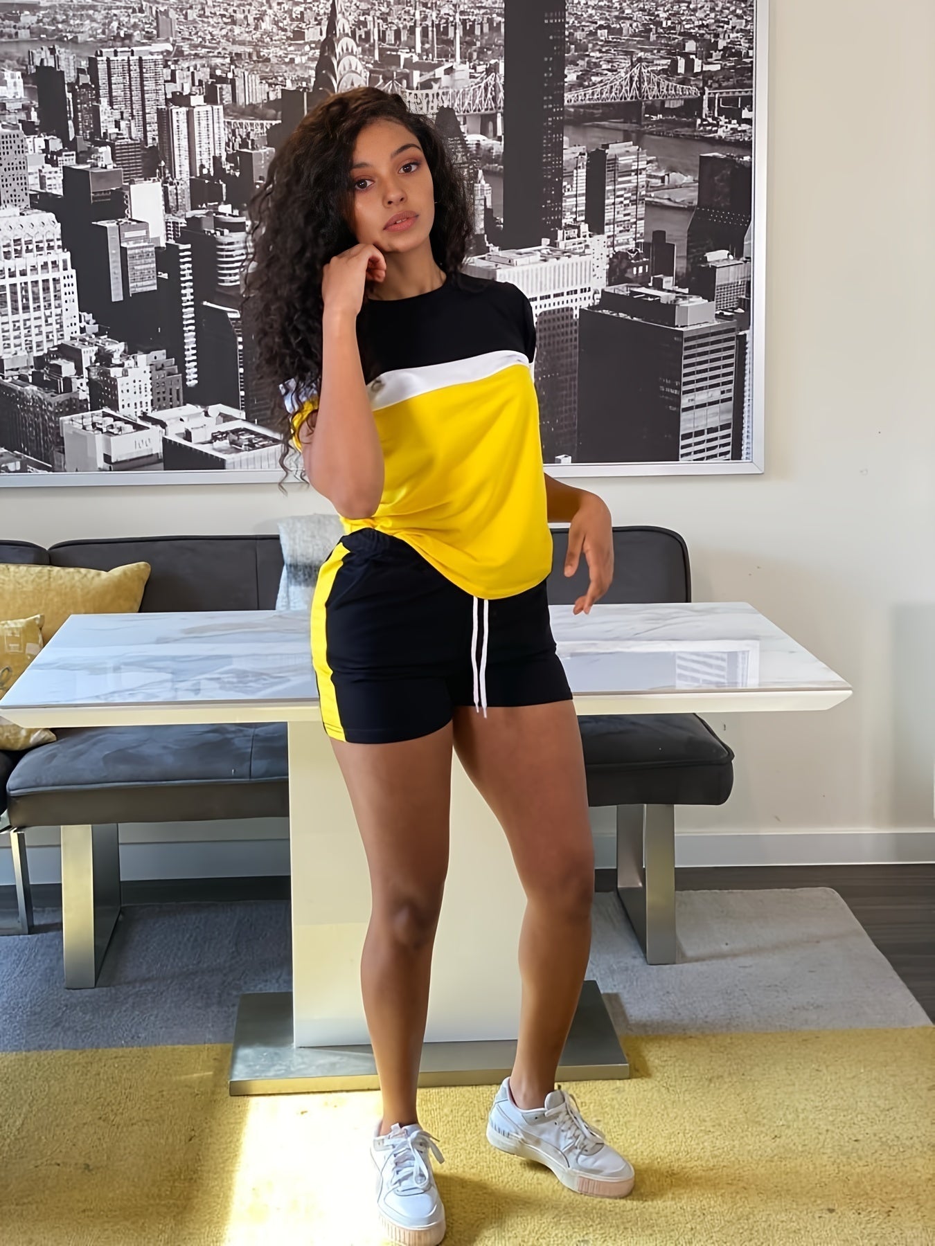 Casual Two piece Set Block T shirt & High Waist Drawstring Shorts Outfits