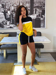 Casual Two piece Set Block T shirt & High Waist Drawstring Shorts Outfits
