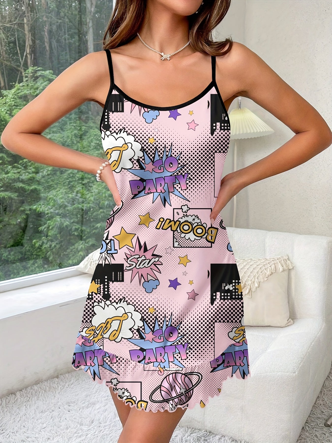 Letter Print Nightdress Spaghetti Strap Sleep Dress Women's Sleepwear