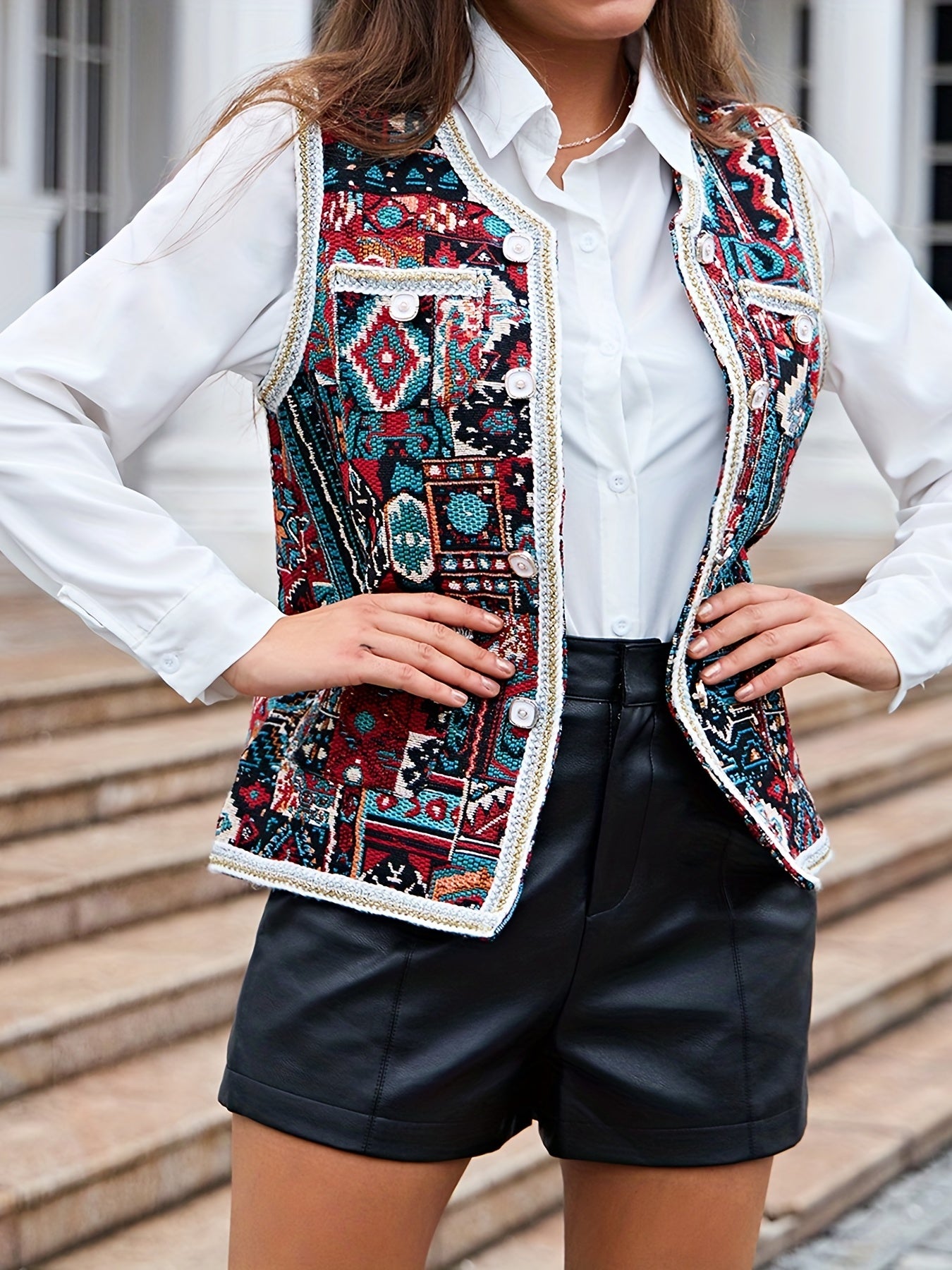 Geometric Pattern Button Front Vest Boho Sleeveless Vest