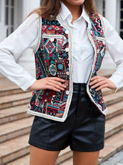 Geometric Pattern Button Front Vest Boho Sleeveless Vest