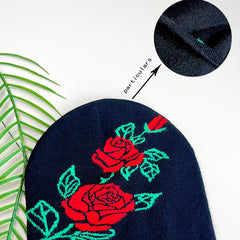 Red Rose Jacquard Beanie Hip Hop Knit Hat Elastic Windproof Warm Skull Cap