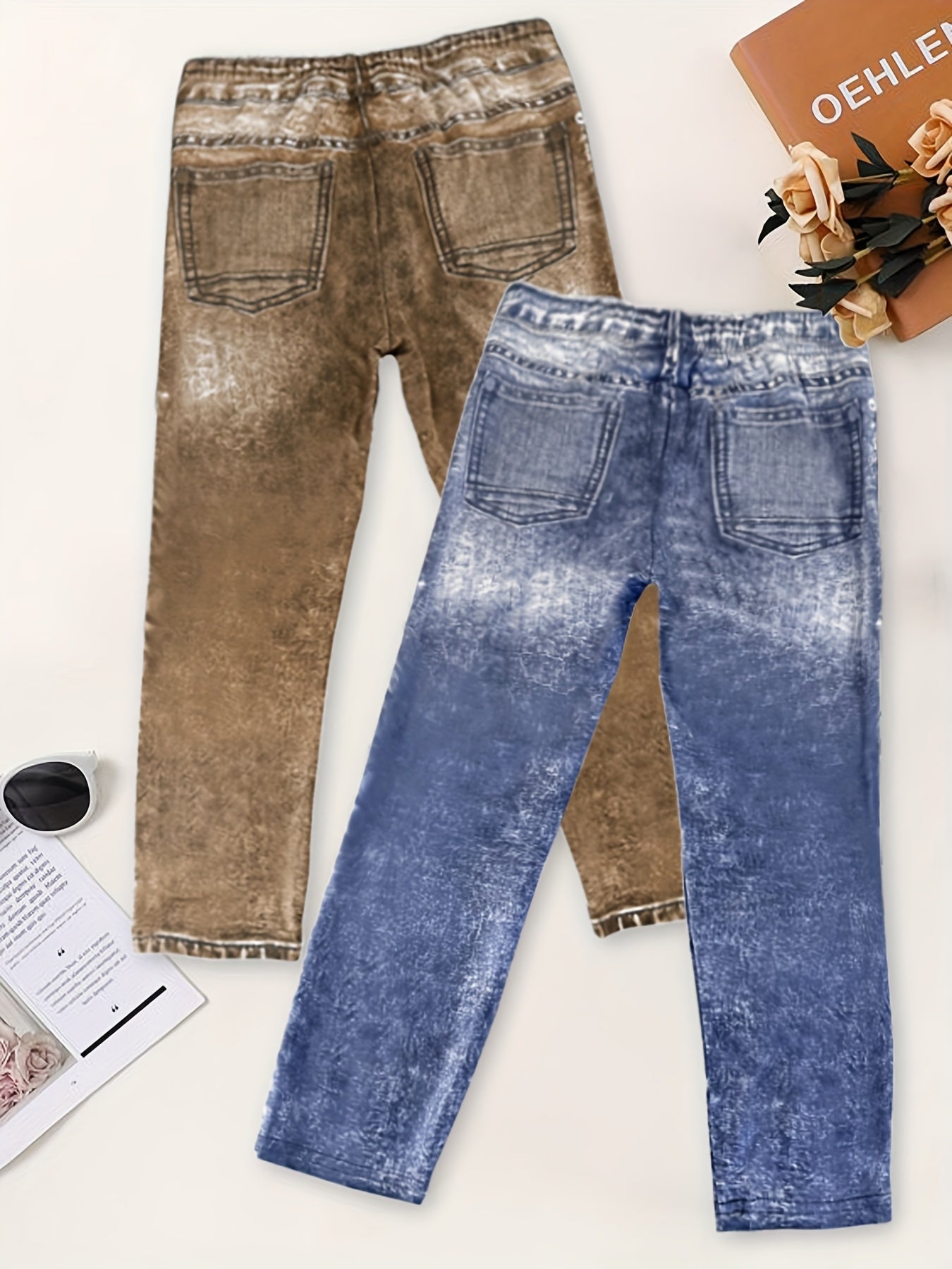 Girls 3D Denim Printed Leggings with Lace Up Design