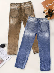 Girls 3D Denim Printed Leggings with Lace Up Design