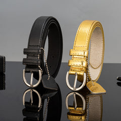 2pcs Casual PU Belt with Nail Bead Chain Pendant for Women