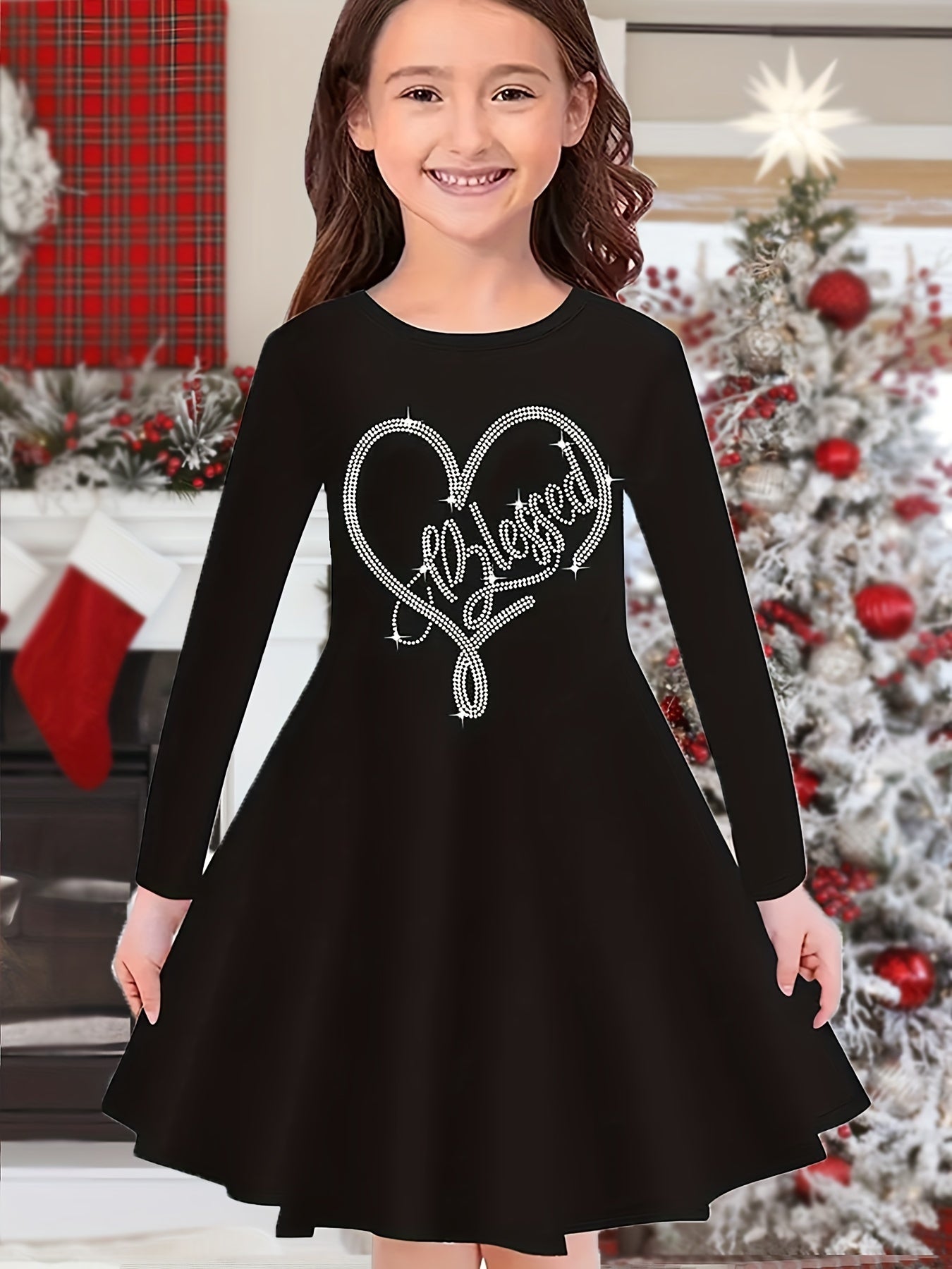 QUEEN Print Crown Graphic Long Sleeve Dress Girls Comfy Dress