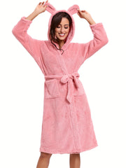 Animal Ear Hooded Fuzzy Lounge Robe Women's Loungewear