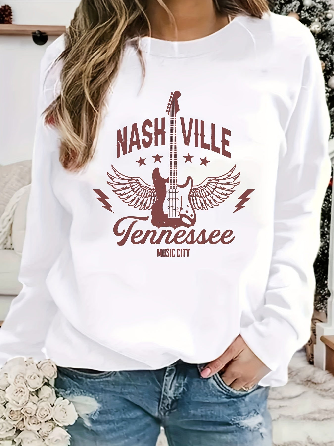 Nashville Print Sweatshirt Long Sleeve Crew Neck Casual Women's Clothing