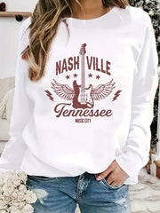 Nashville Print Sweatshirt Long Sleeve Crew Neck Casual Women's Clothing