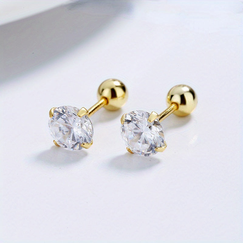 S925 Sterling Silver Zirconia Stud Earrings Girls Buckle Screw Pattern
