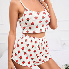 Women's Strawberry Print Waffle Pajama Set