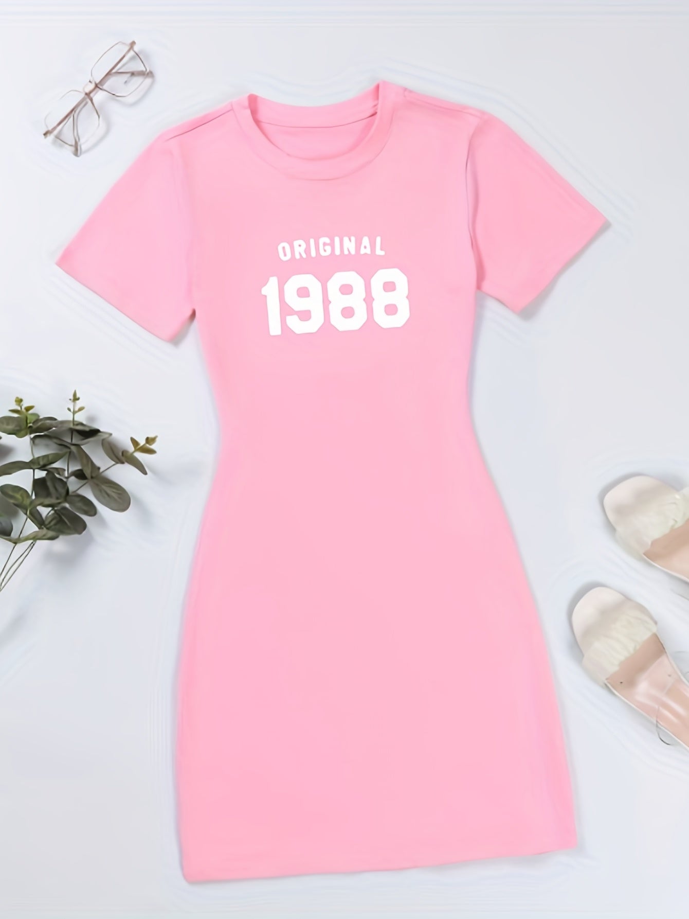 Letter Print Bodycon Dress Casual Crew Round Neck Short Sleeve Dress