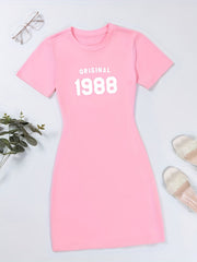Letter Print Bodycon Dress Casual Crew Round Neck Short Sleeve Dress