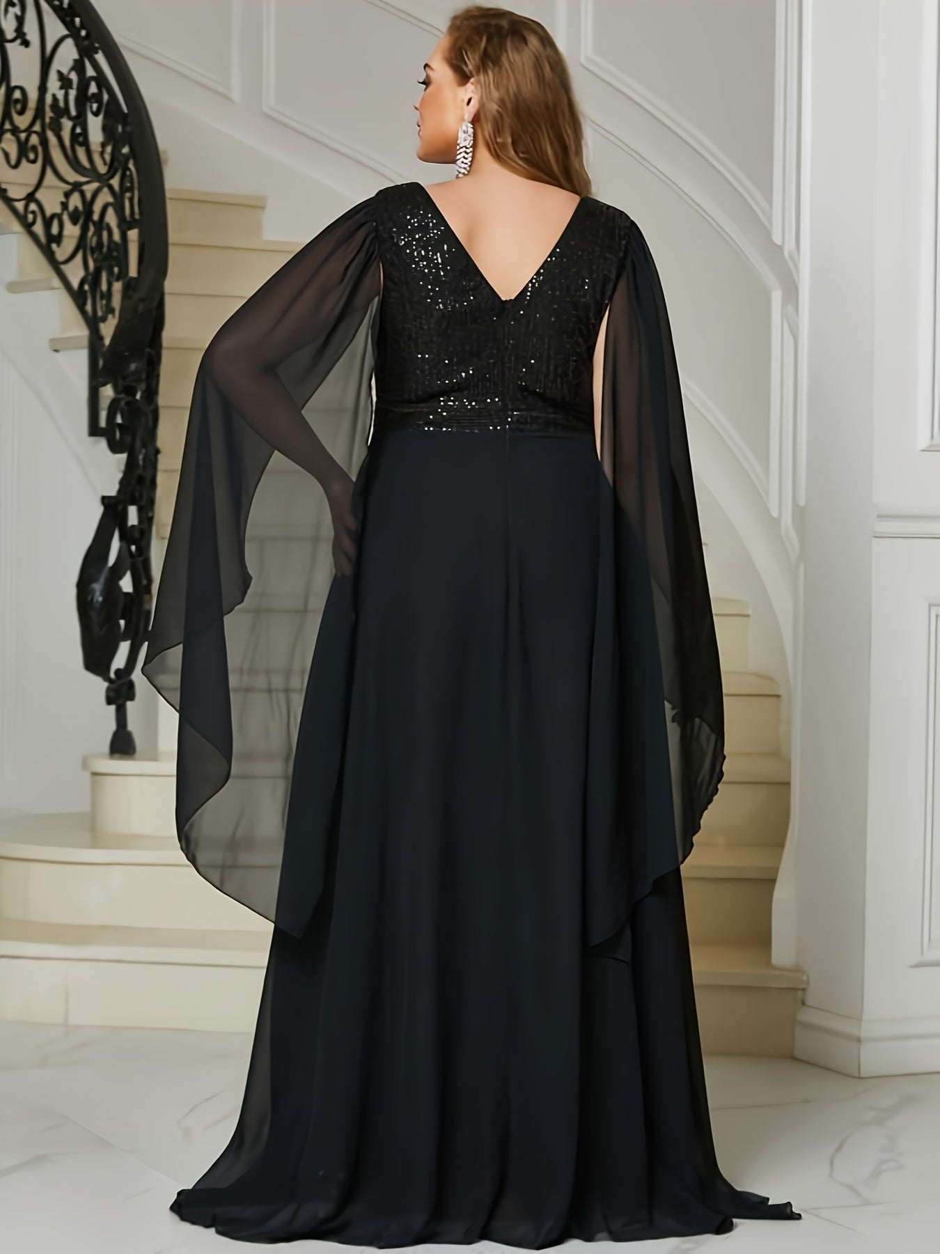 Sequin Decor Cloak Sleeve V Neck Maxi Evening Formal Dress