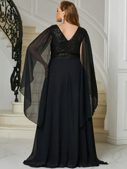 Sequin Decor Cloak Sleeve V Neck Maxi Evening Formal Dress