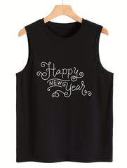 Year Print Sleeveless Sports Vest Round Neck Casual Tops Women's Activewear