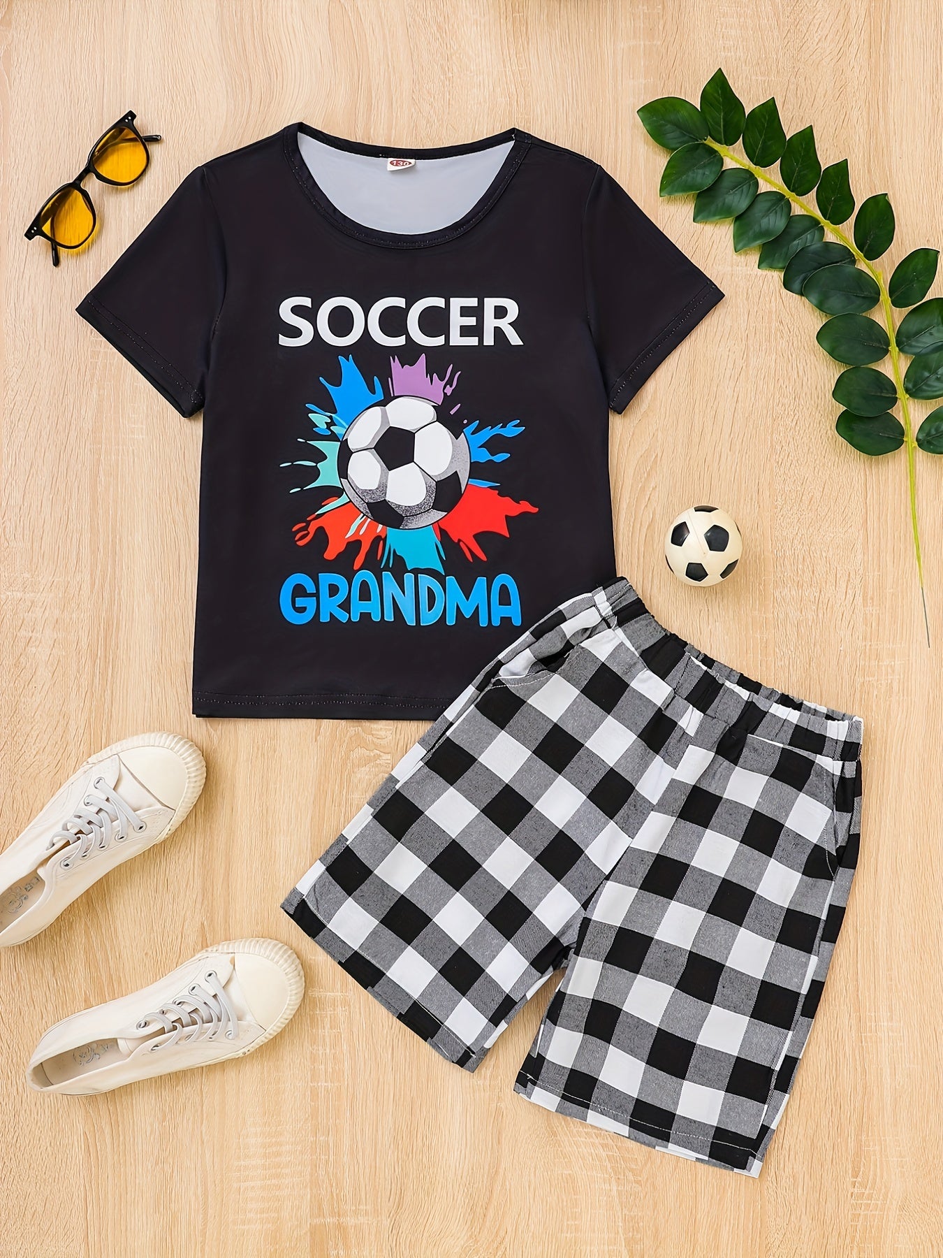 Boys Soccer Graphic T-shirt & Plaid Shorts Set