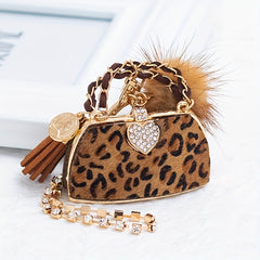 Leopard Bag & Pom Pom Bracelet Keychain Rhinestone Key Ring Purse Charm