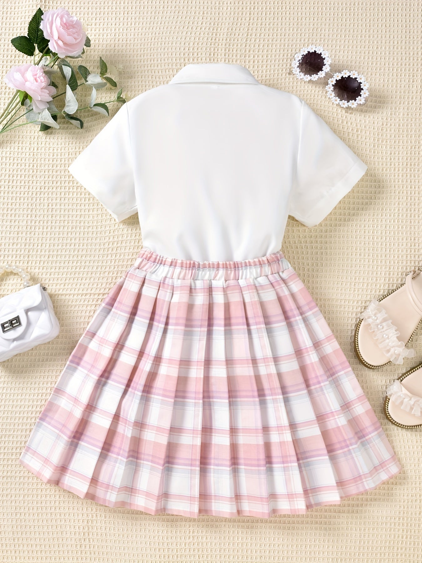 Girls Bow Front Button Short Sleeve Blouse Top & Plaid Pleated Skirt Set