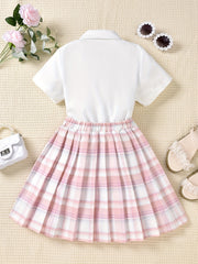 Girls Bow Front Button Short Sleeve Blouse Top & Plaid Pleated Skirt Set