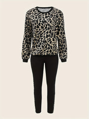 Leopard Print Two piece Set Long Sleeve Tops & Slim Pants