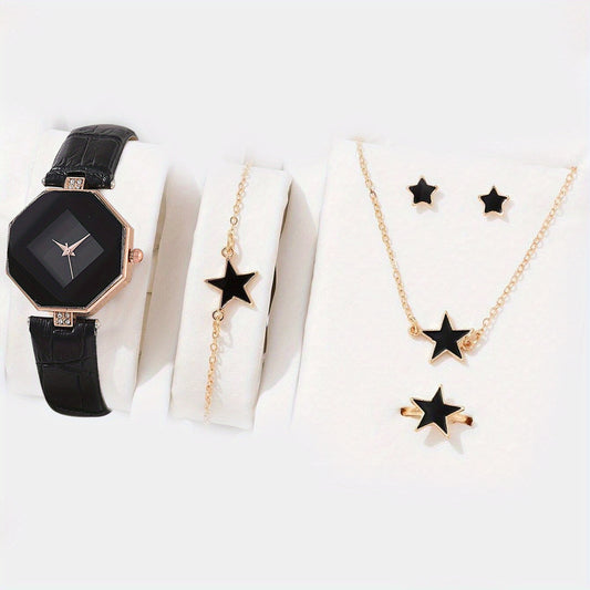 1pc Polygon Quartz Watch & 5pcs Necklace Set
