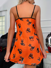 Cat Print Lace V Neck Nightdress Side Split Sleep Dress