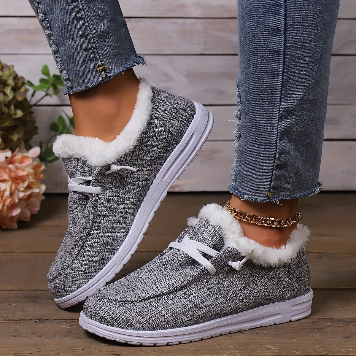 Plush Fur Fleece Lined Flat Skate Shoes