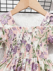 Girls Flower Print Short Sleeve Dress Kids Clothing Spring Autumn