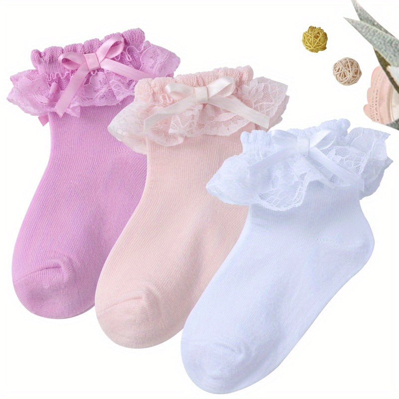Girls Lace Brim Socks Bow Decor Knit Crew Socks