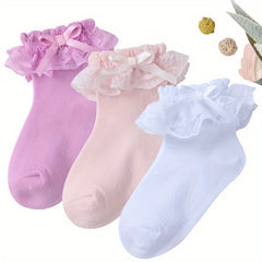 Girls Lace Brim Socks Bow Decor Knit Crew Socks