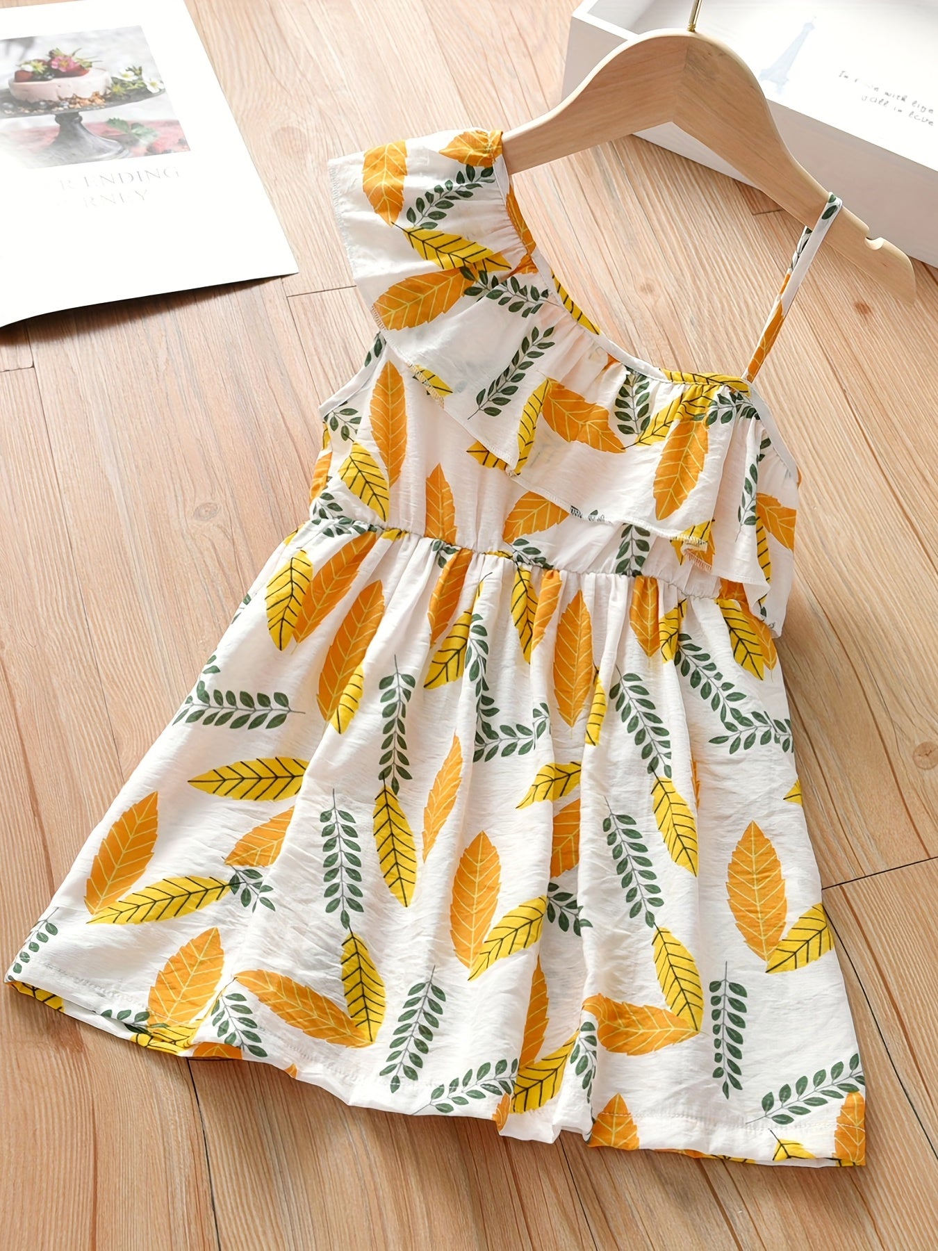 Girls Leaves Graphic Ruffled Cami Dress Sundress For Party Beach