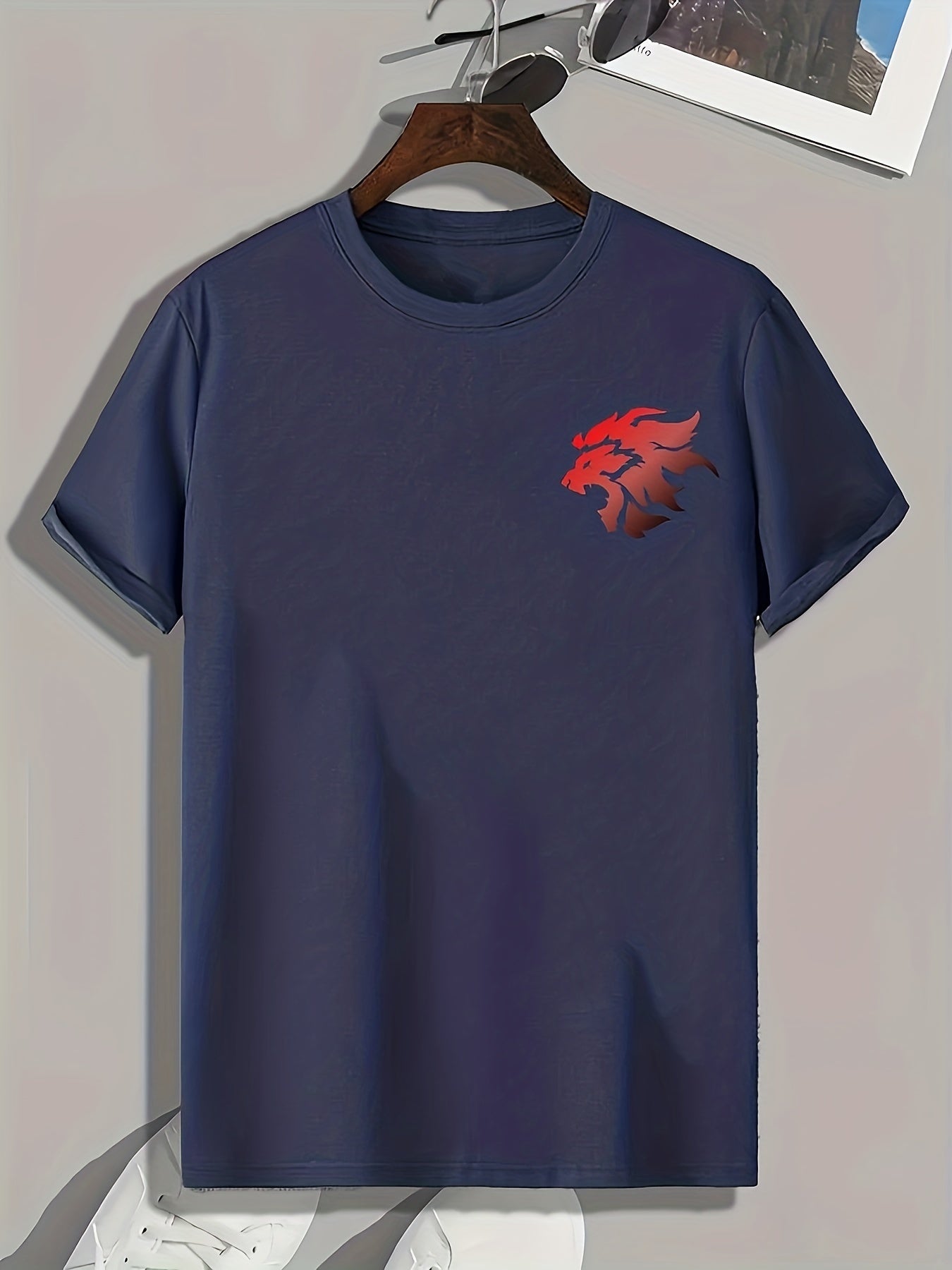 Lion Head Print Men's Comfy T shirt Active Stretch Tee For Summer