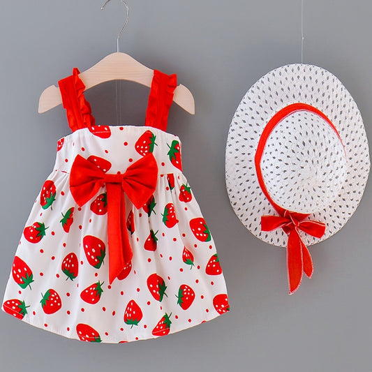Baby Girls Strawberry Print Beach Dress with Hat