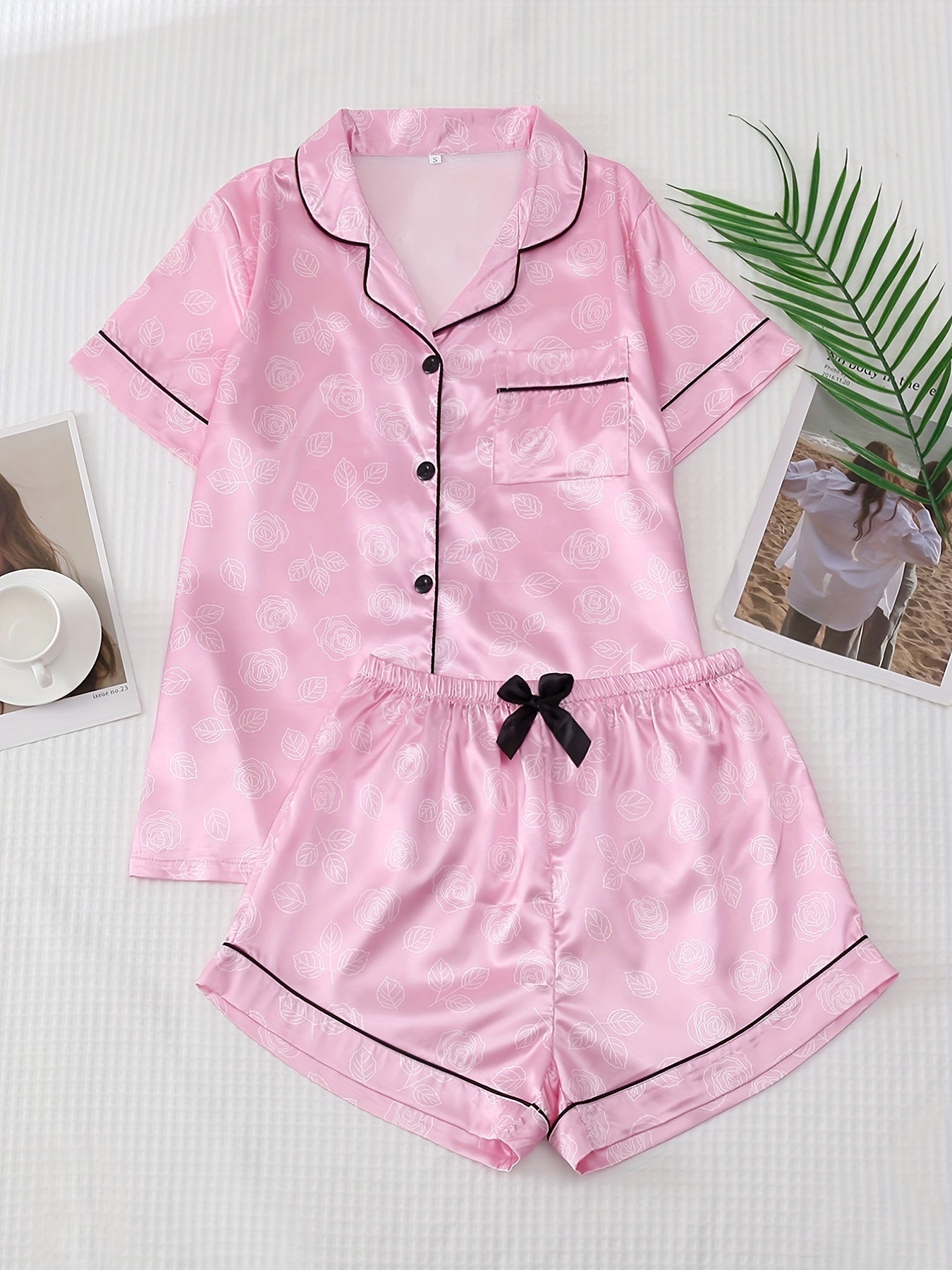 Rose Print Satin Pajama Set Short Sleeve Top & Shorts