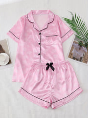 Rose Print Satin Pajama Set Short Sleeve Top & Shorts