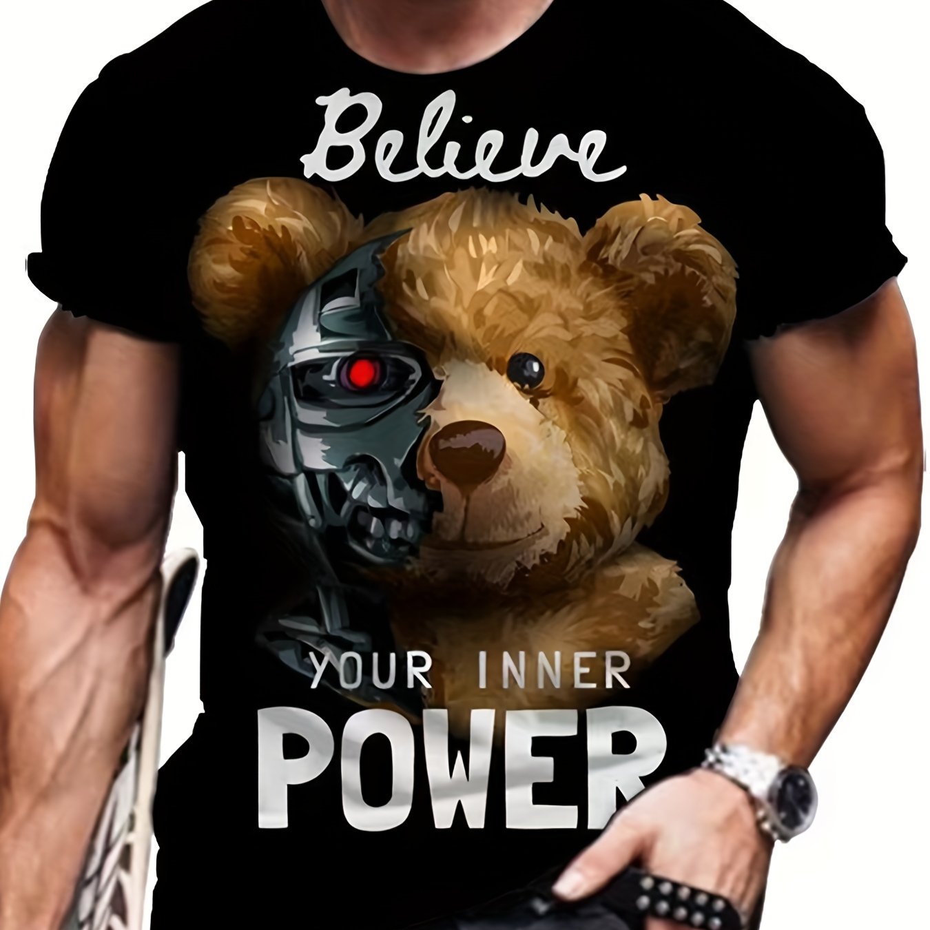 Men's Bear Graphic Print T shirt Crew Neck Tee for Summer