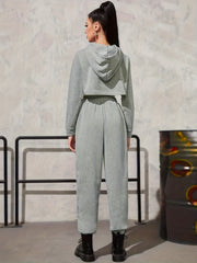 Casual Solid Two-piece Set Cropped Drawstring Hoodies & Jogger Pants