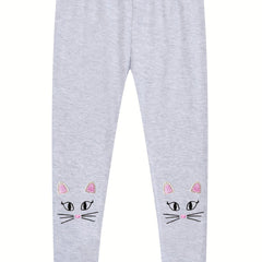 Girls Leggings Kitten Embroidery Slim Fit Casual Trousers