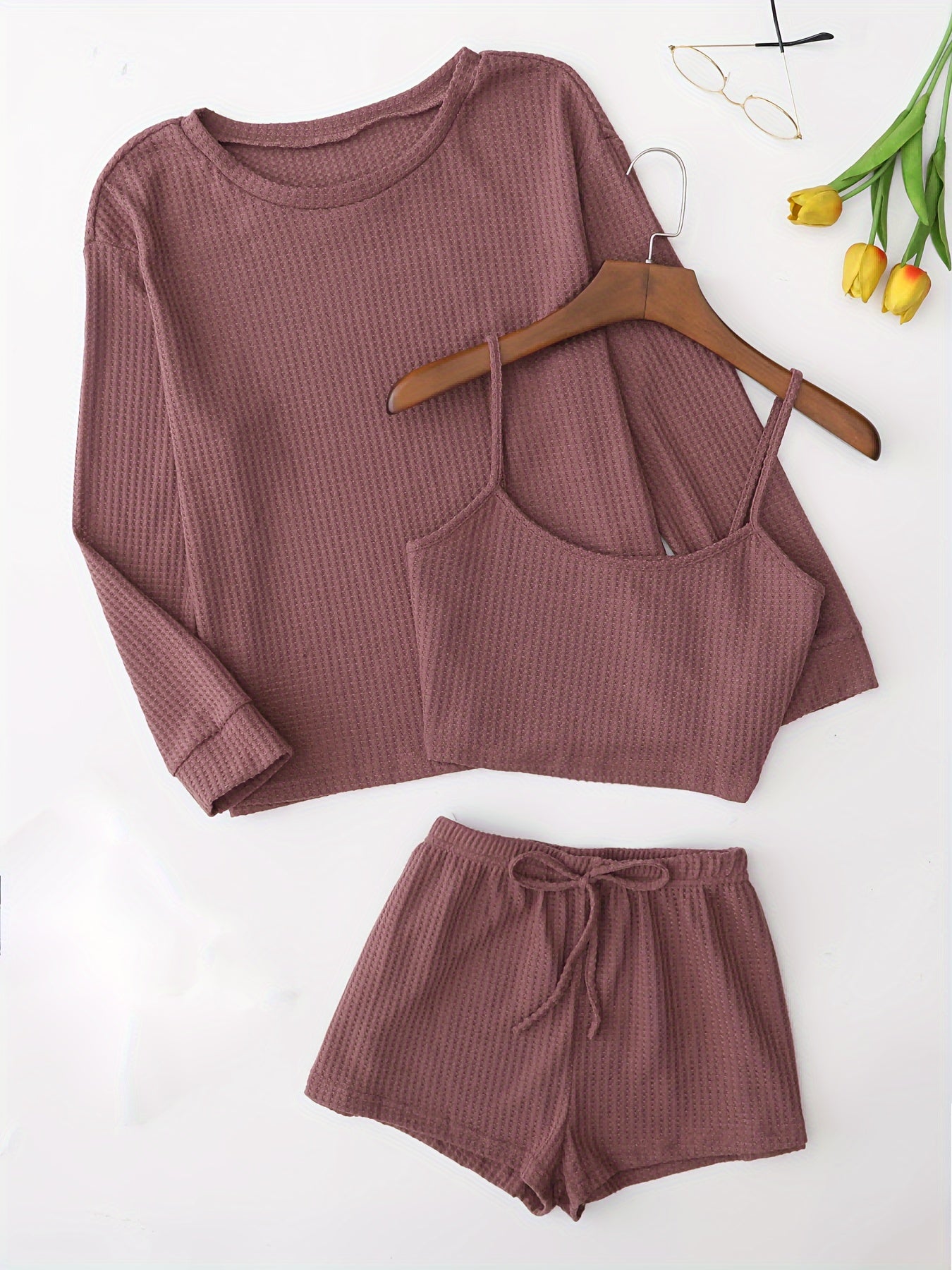 Waffle Loungewear Set: Top, Cami, Shorts
