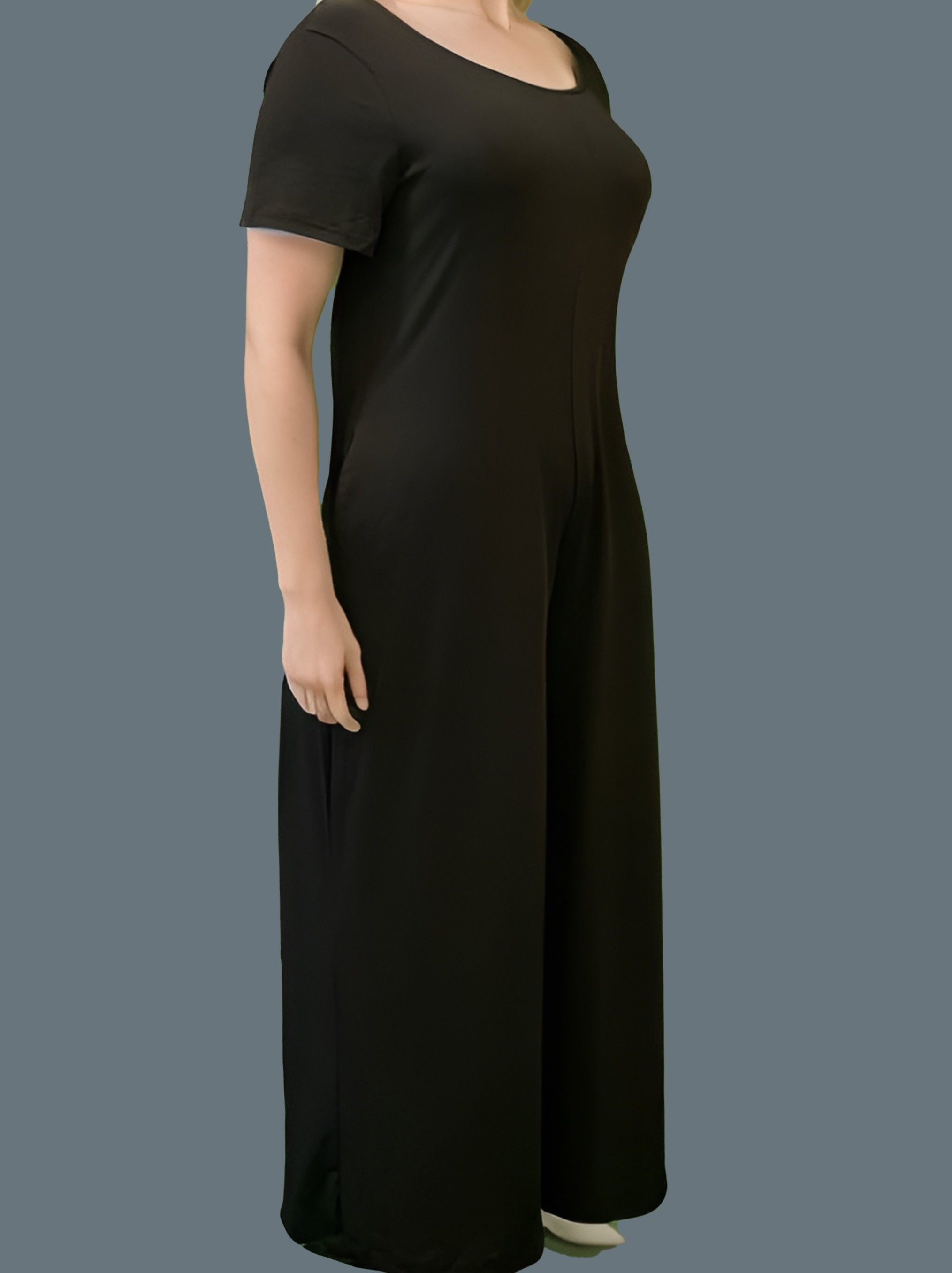 Solid Round Neck Short Sleeve Wide Leg Jumpsuit