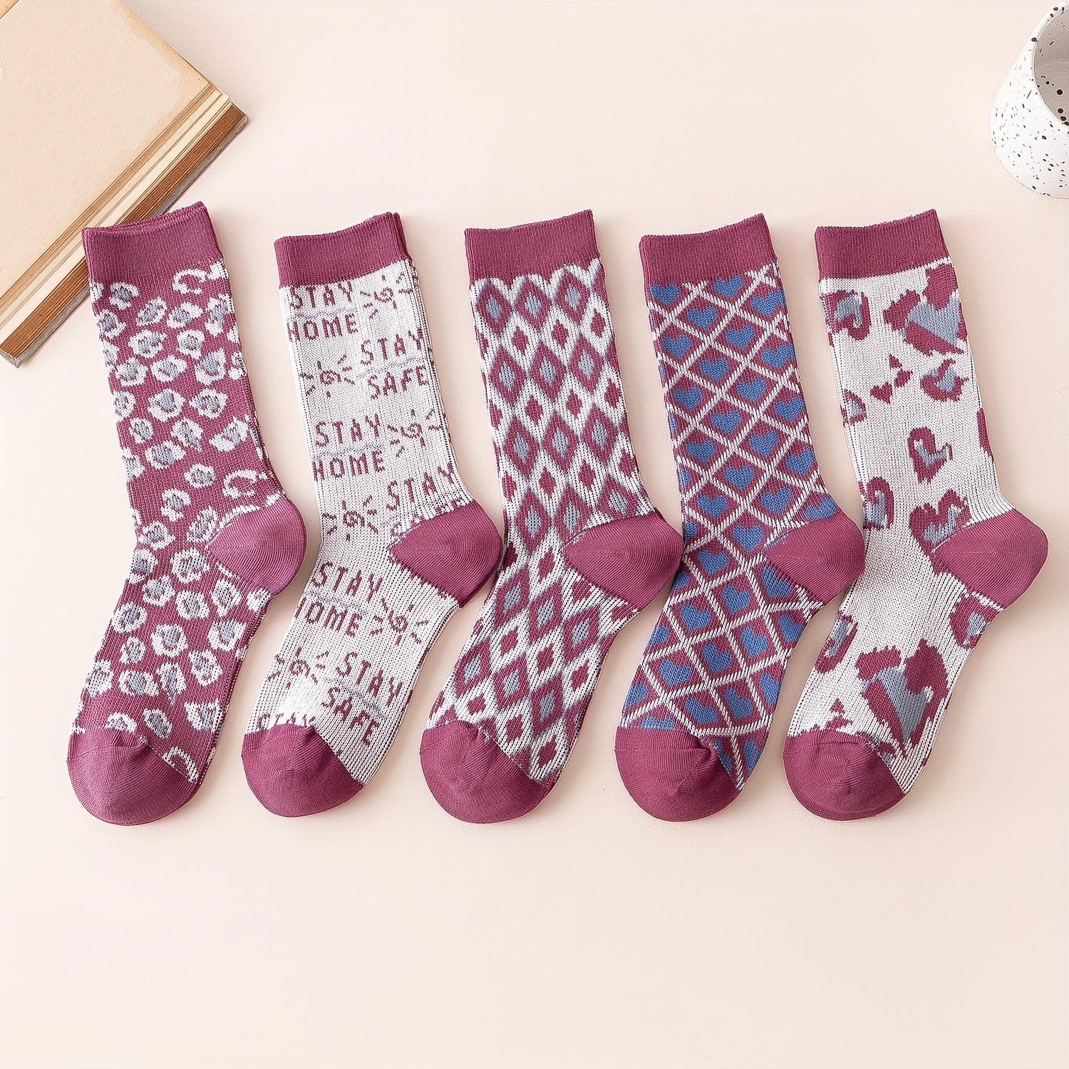 Leopard & Argyle Socks 5 Pairs Comfy Breathable Mid Tube Women's Stockings