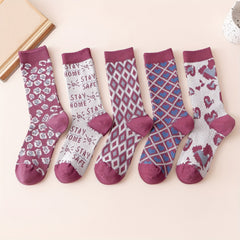 Leopard & Argyle Socks 5 Pairs Comfy Breathable Mid Tube Women's Stockings