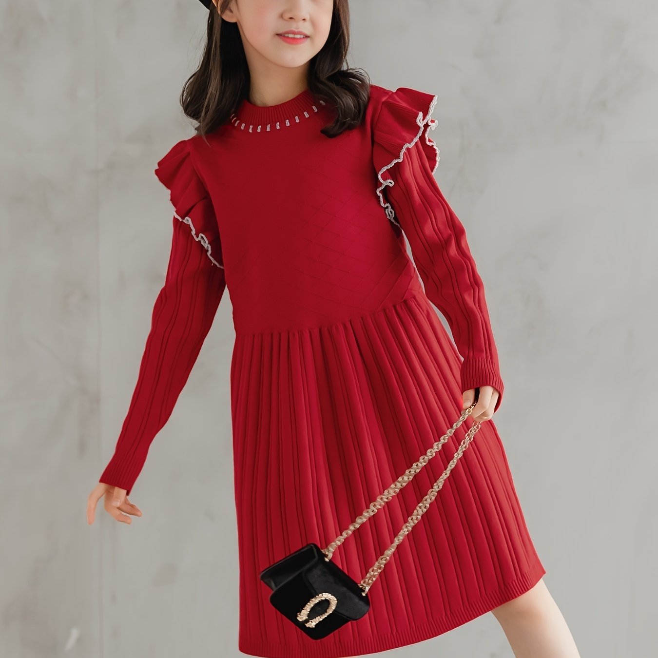 100% Cotton Girls Vintage Ruffle Trim Long Sleeve Knit Dress