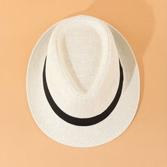 Rolled Brim Jazz Sun Hat Beige Top Hat Hollow Out Straw Hat