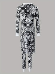 Greek Print 3-Piece Set: Crop Top, Pants & Open Front